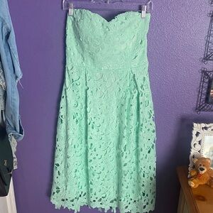Mint Green Strapless Floral Lace Midi Dress
